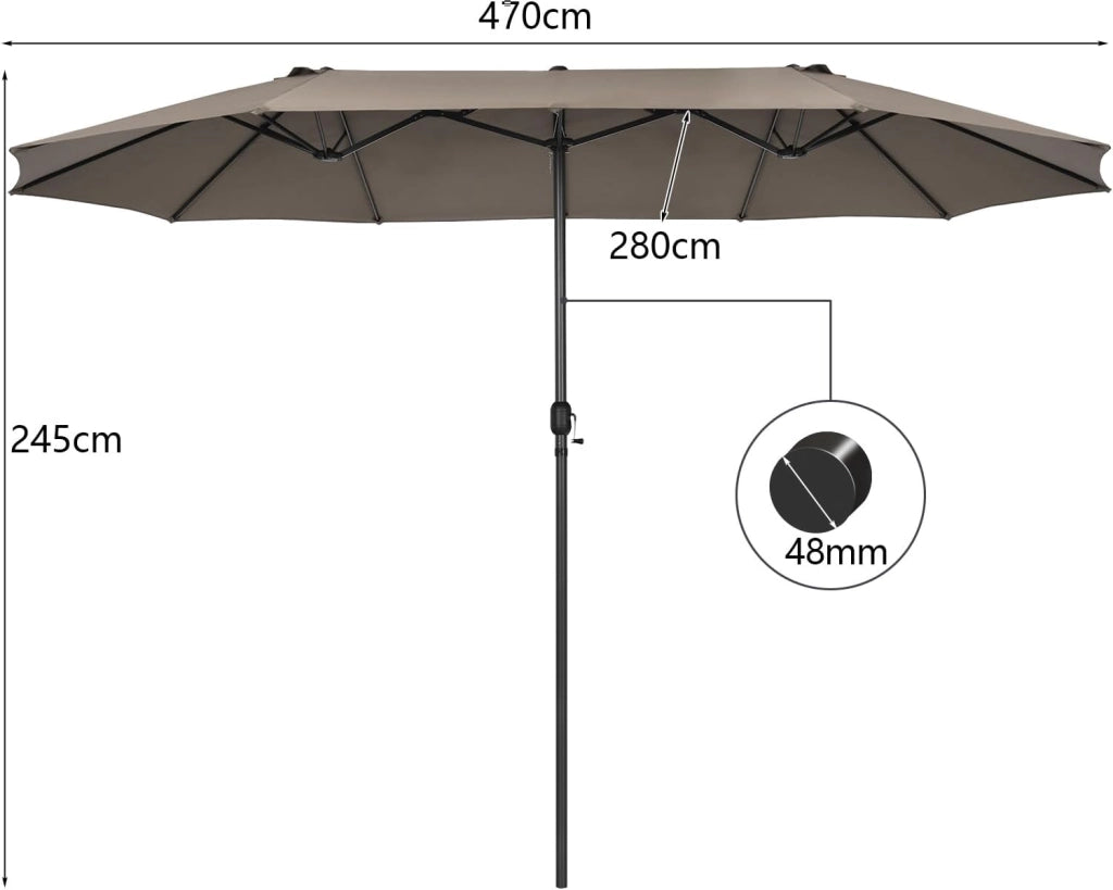 Ombrellone da Giardino Doppio 470 cm, con Manovella e 12 Stecche, Ombrellone Rettangolare Pieghevole, per Giardino Piscina Terrazza, 470 x 280 x 245 cm (Marrone)