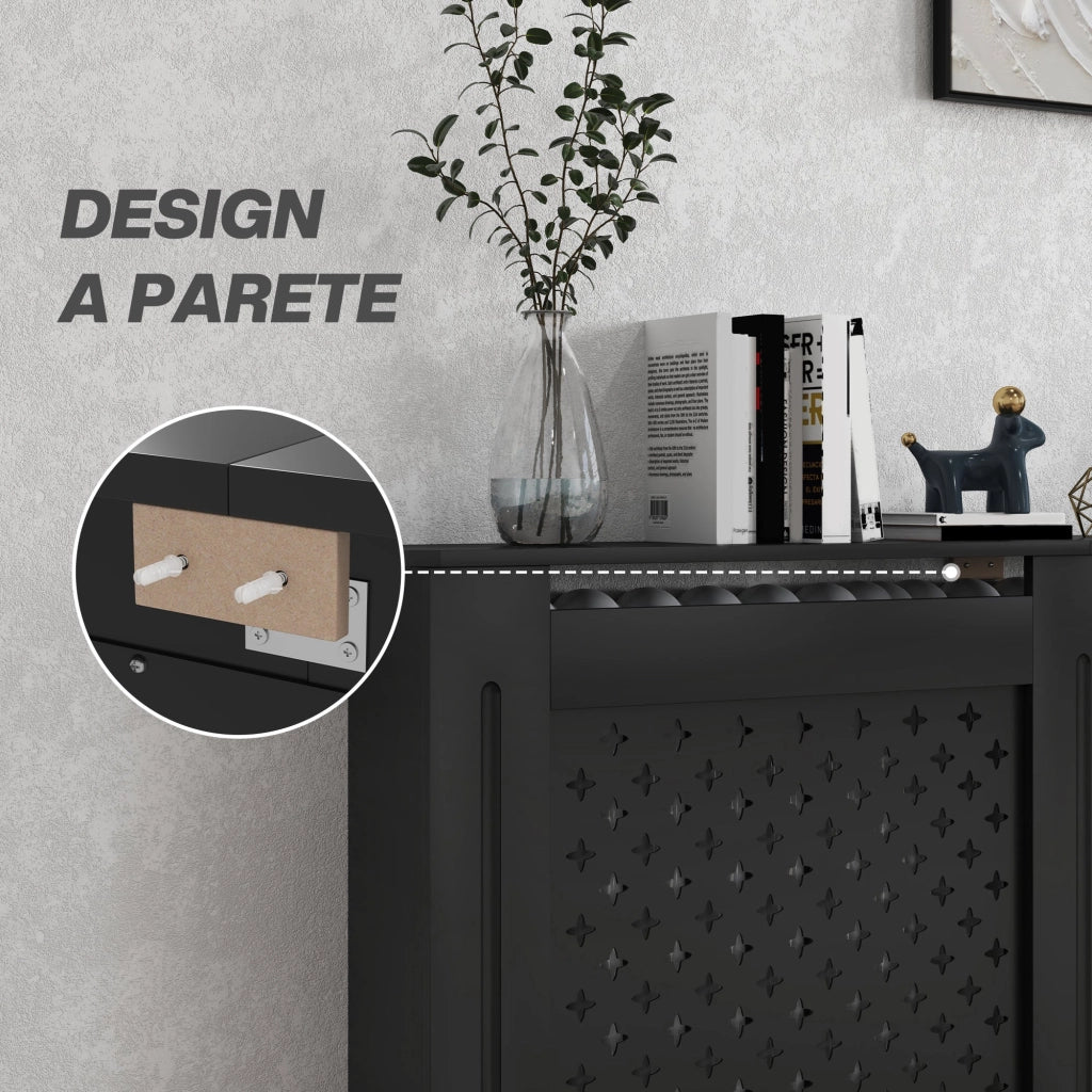Copritermosifone Traforato a Croce con Ripiano e Fissaggio a Muro 152x19x82 cm in Legno MDF Nero