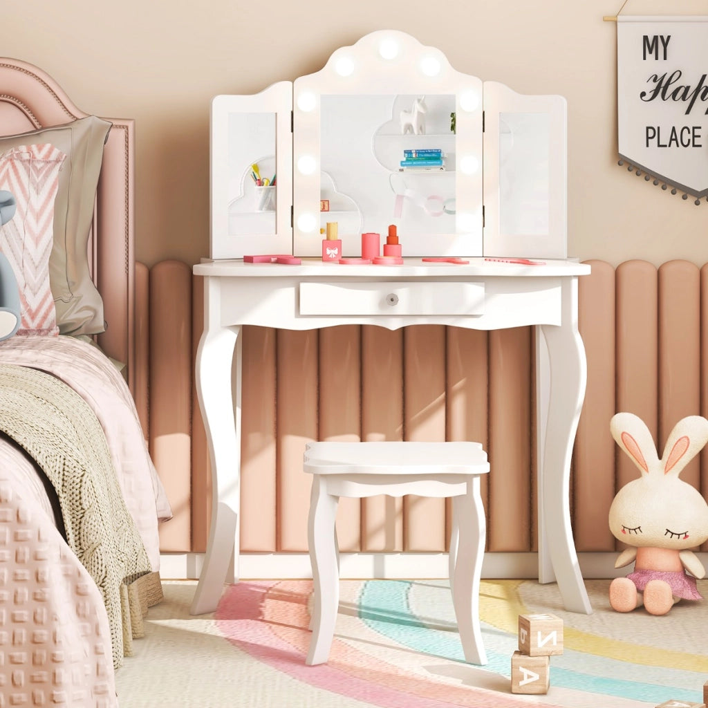 Set tavolo da trucco per bambini con sgabello, Set tavolo vanity principessa con specchio a tre pieghe in vetro Bianco-Toelette per bimbi