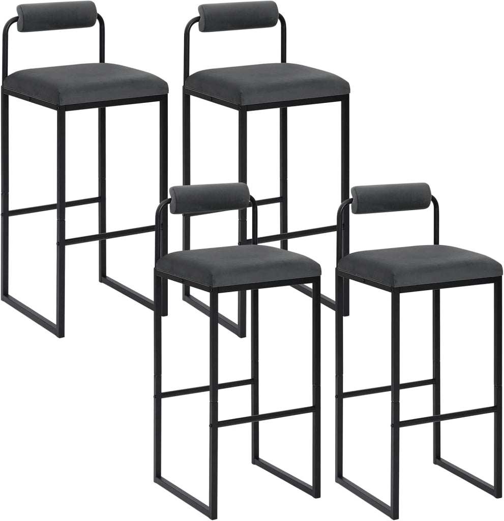 4x Sgabelli da Bar con Poggiapiedi, Sedie Alte con Schienale, Design Moderno, Sgabelli da Cucina Imbottiti in Velluto e Metallo, Nero BH343sz-4