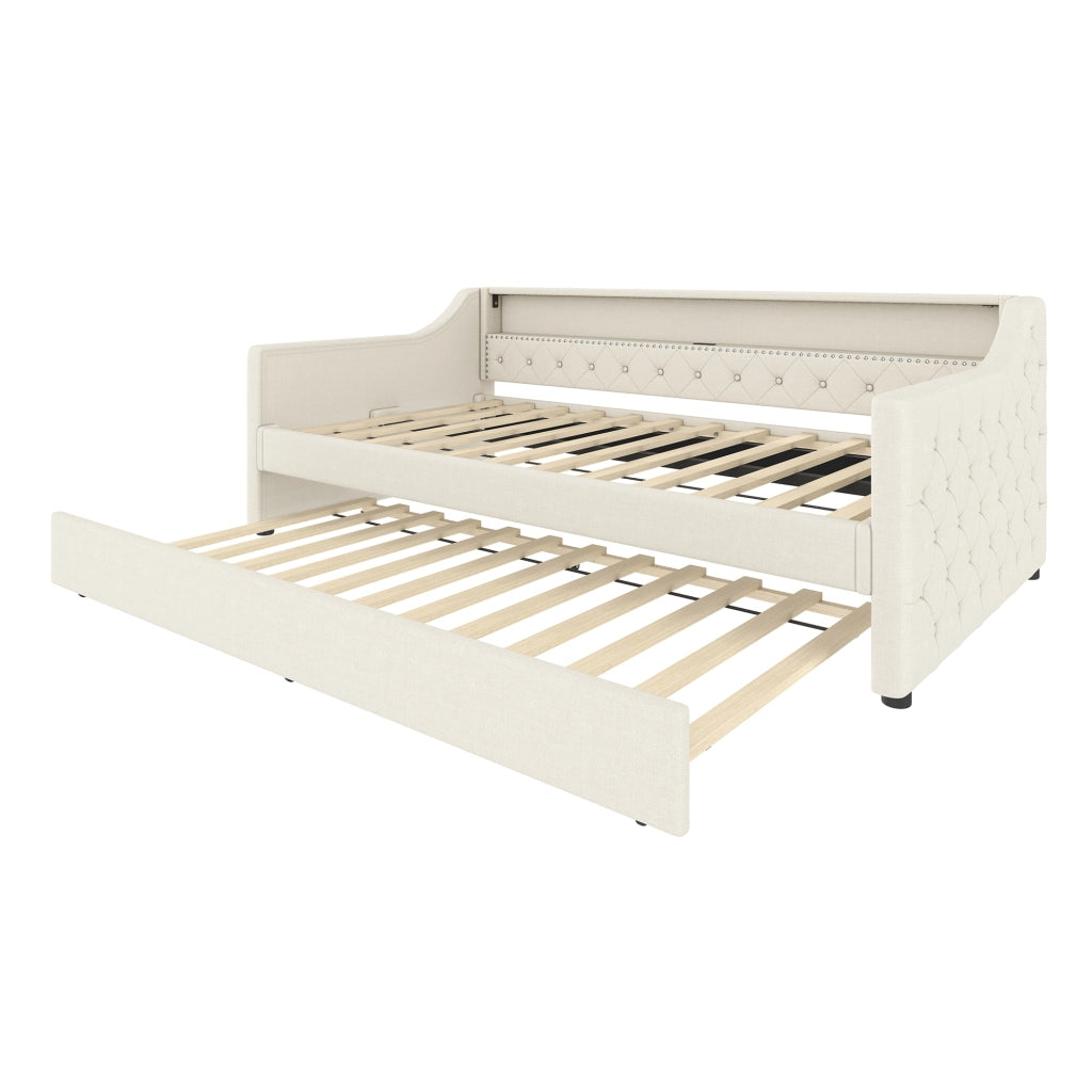 Lettino diurno 90x200; letto estraibile; luci LED; porta USB per ricarica; lino; beige