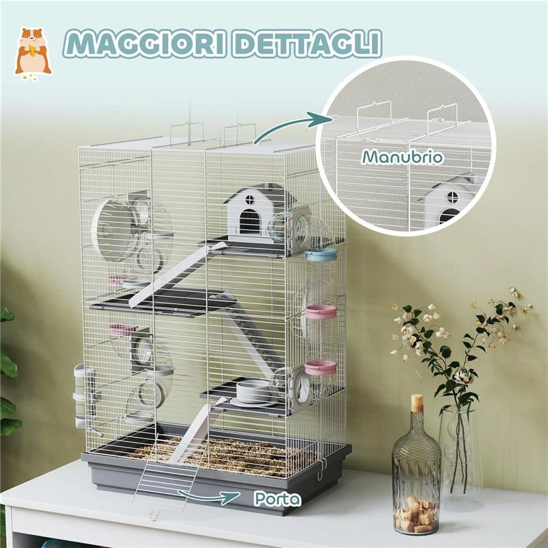 GABBIA PER CRICETI A 4 LIVELLI E 16 TUBI CON CASETTA, RAMPA, E ACCESSORI, IN METALLO E PLASTICA, 47X30X70 CM, GRIGIO