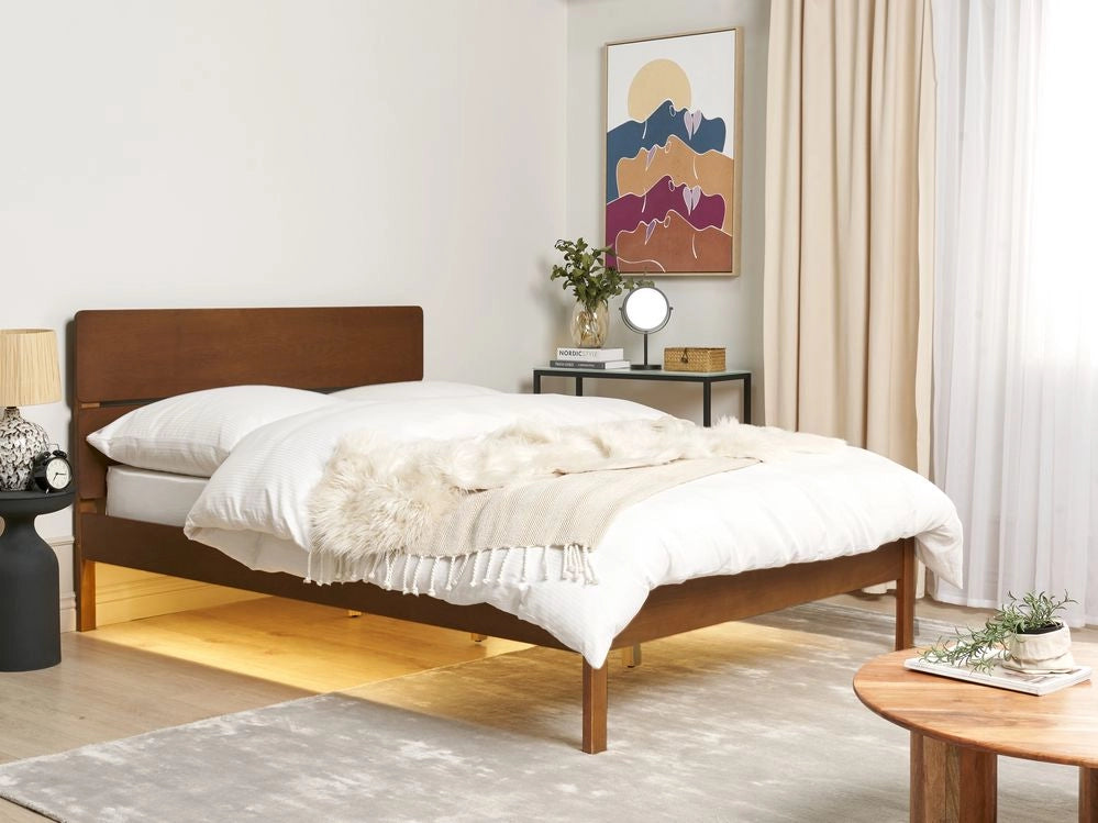 Letto in marrone scuro UE matrimoniale 140 x 200 cm con testiera a doghe Stile rustico minimalista con LED