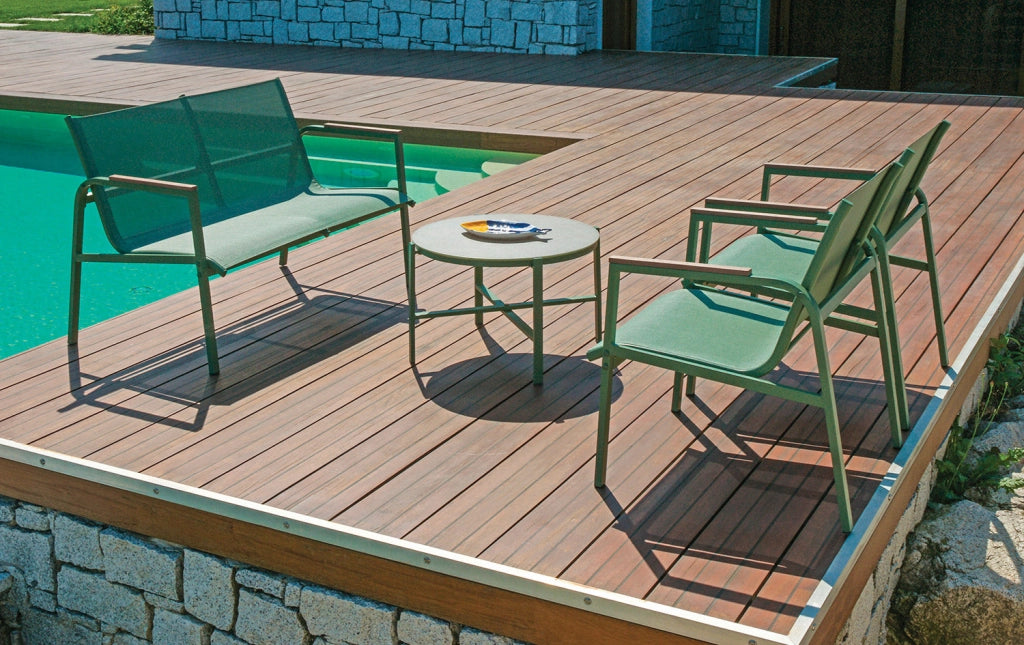 Set Salotto da Giardino Divano 2 Poltrone e Tavolino Tarquinia in Ferro e Textilene Verde