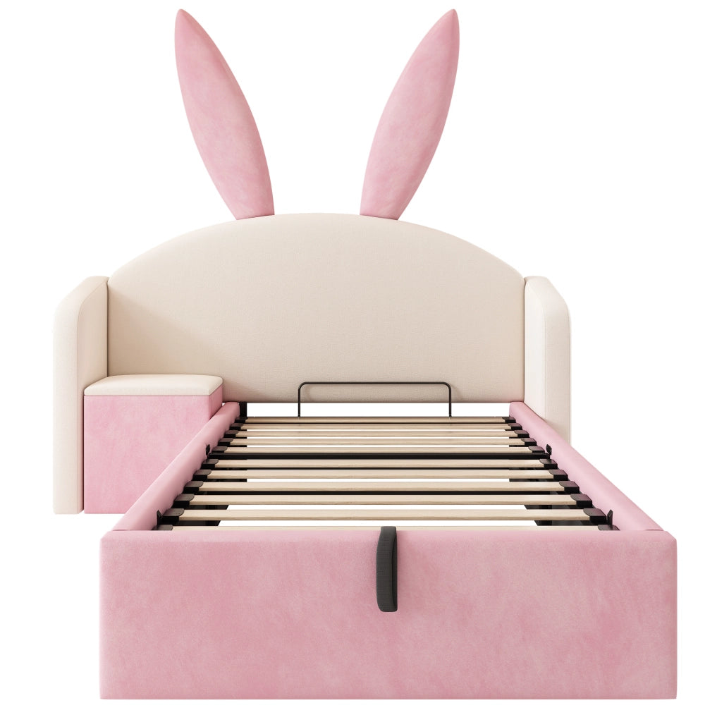 Letto imbottito 90x200 cm per bambini con contenitore idraulico; comodino e orecchie da coniglio; velluto beige e rosa