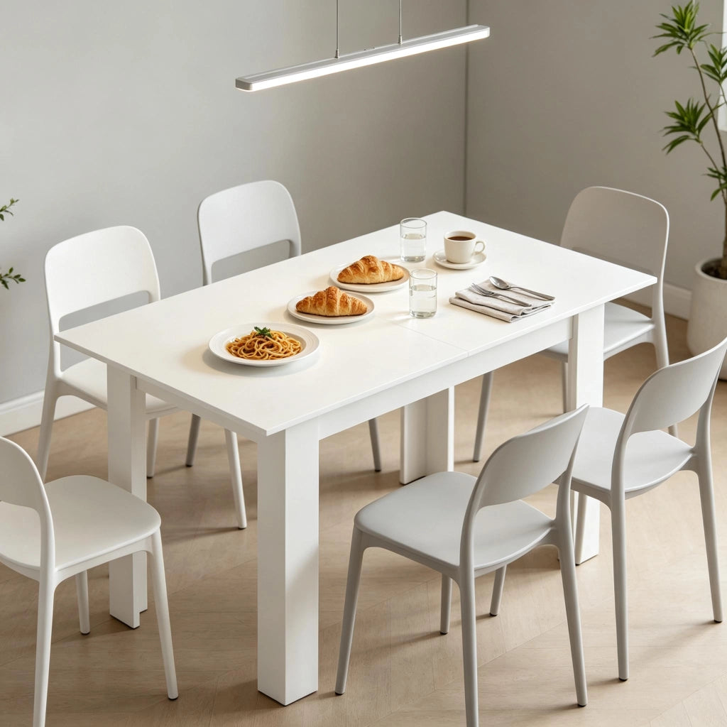 Tavolo da pranzo allungabile per 6-8 persone con piano in MDF e guide in acciaio, per cucina e sala da pranzo, bianco