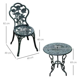 Set bistrot da 3 pezzi per esterno in stile anticato, verde, in alluminio pressofuso