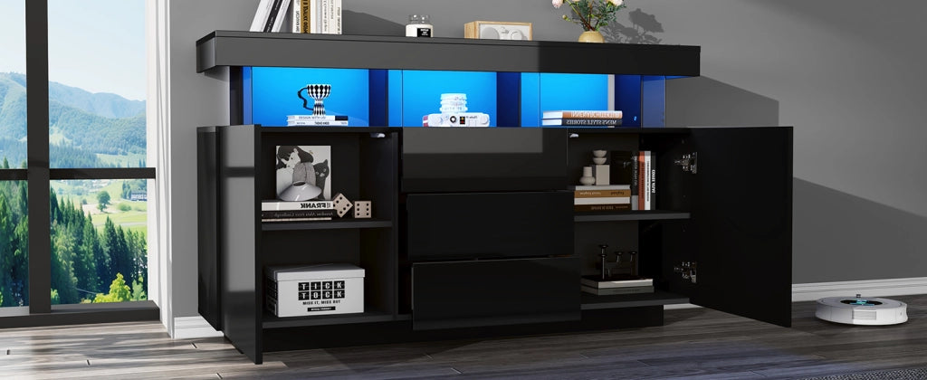 Credenza moderna nera lucida 140 cm 3 cassetti mobile soggiorno con luci led
