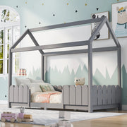 Letto a casa 90x200 cm grigio in legno massello con rete a doghe e protezione anticasco