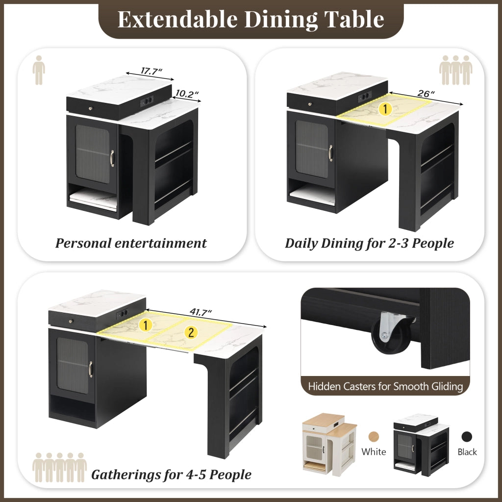 Tavolo allungabile per 4 persone con presa integrata 1 cassetto ripiani regolabili ante in vetro MDF bianco e nero