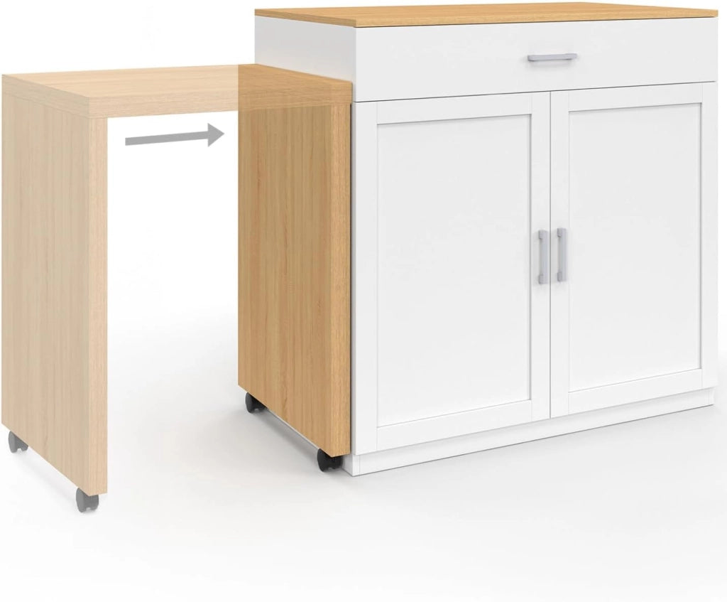 Isola centrale VITO 94-155 cm in legno bianco con tavolo da pranzo integrato allungabile in finitura faggio