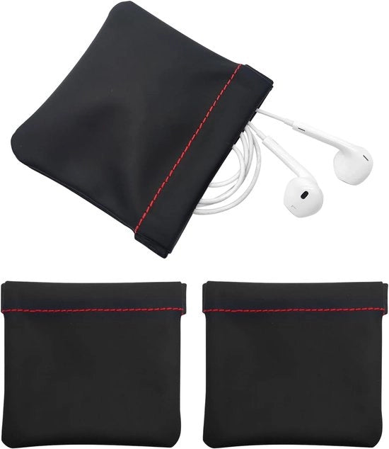 Set di 3 tasche per cuffie in pelle PU, tasche a molletto, chiusura a molletto universale, tasche morbide e elastiche per cuffie, monete, chiavi, pen drive, gioielli