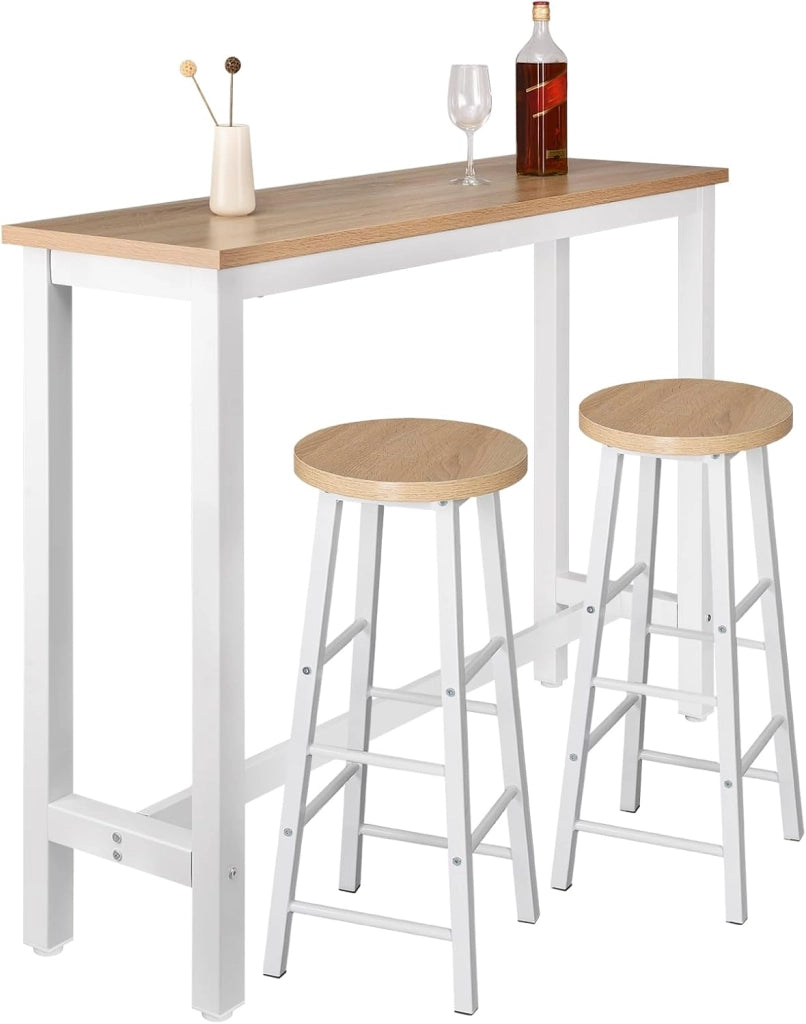 Tavolo Alto con 2 Sgabelli, Set Pranzo per Cucina, Sala da Pranzo, Isola da Cucina, Sgabelli Rotondi, Struttura in Metallo, Design Industriale, Rovere Chiaro