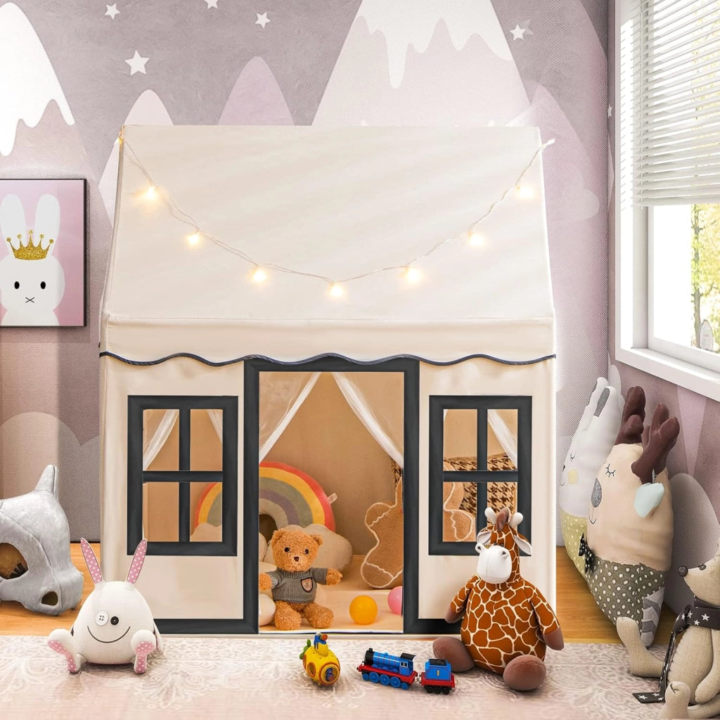 Tenda da Gioco per Bambini con Luci a Stella, Tappetino in Velluto Lavabile e Antiscivolo, Finestre e Tende a Rete, Ideale per Interni ed Esterni per Bambini 3 Anni + (Beige)