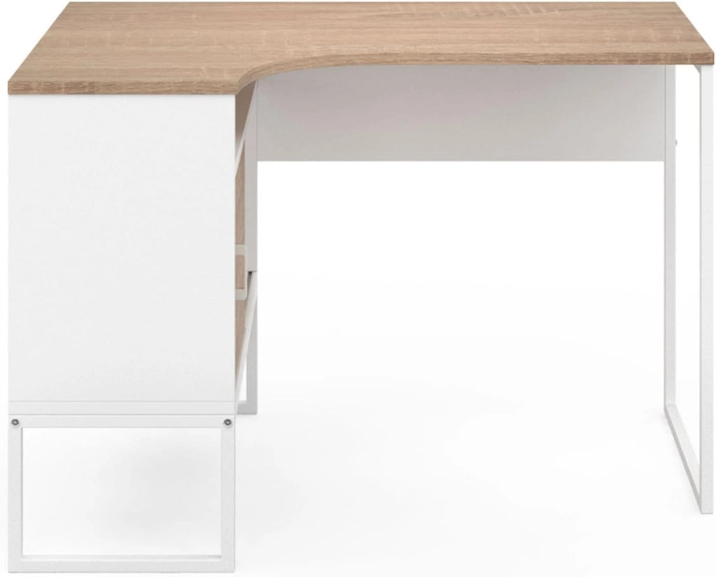 Scrivania angolare ROB in bianco e faggio con nicchia di contenimento e anta dal design industriale