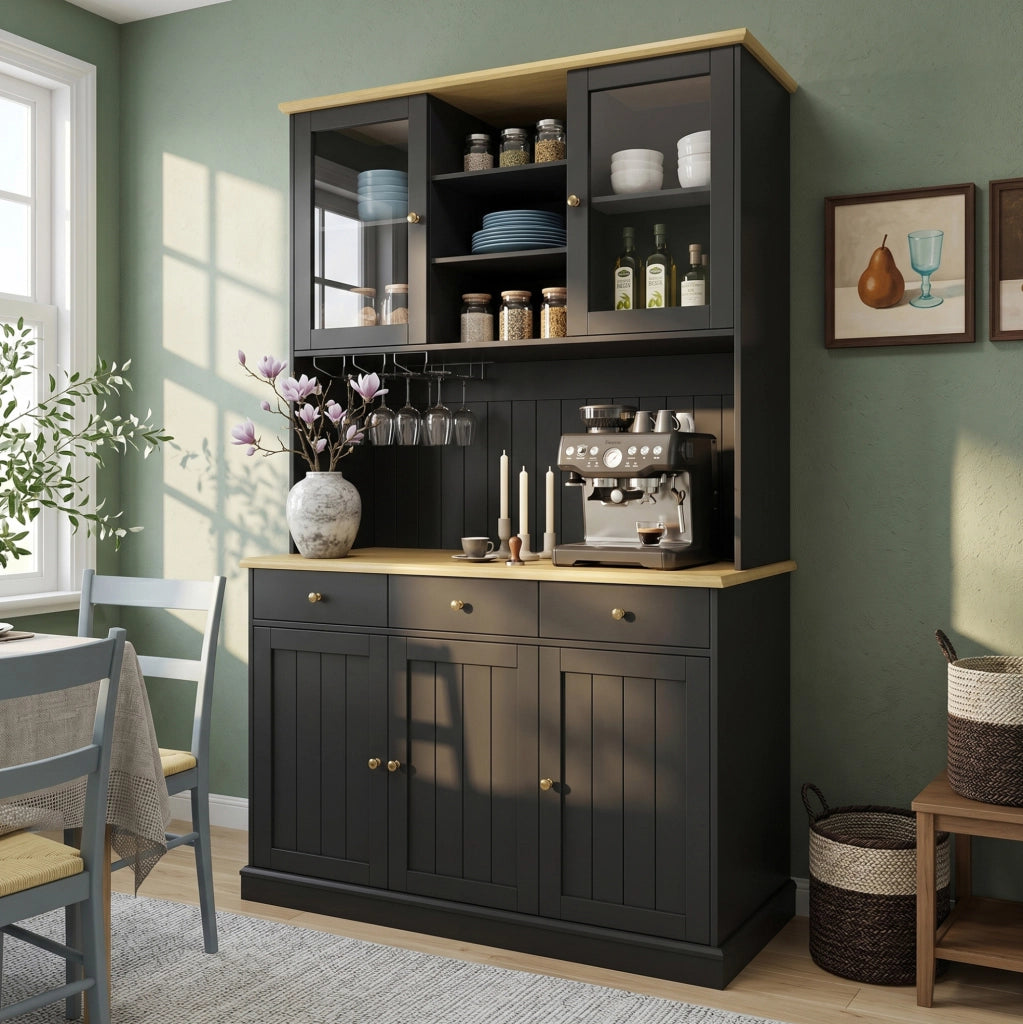 Credenza alta nera 120×40×191 cm con ante in vetro