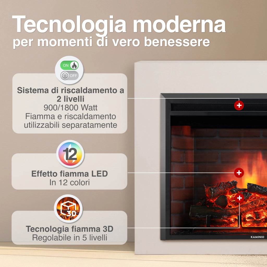 KAMINIO Camino elettrico LUCA - Camino elettrico a incasso con riscaldamento, effetto fiamma 3D, 12 colori di fiamma, telecomando - 23 pollici