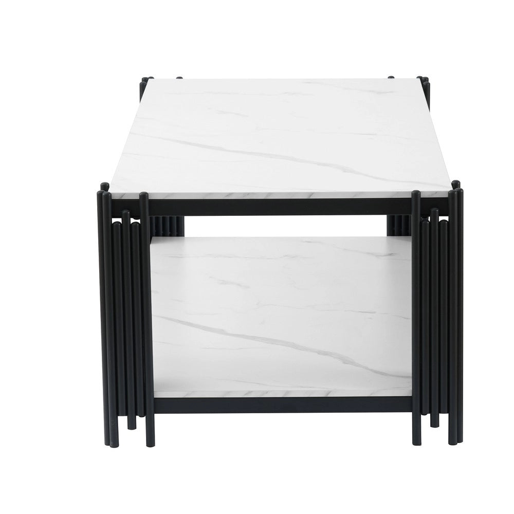 Tavolino da Salotto Rettangolare ¨C MINIMAL ¨C Piano Effetto Marmo, Gambe in Metallo, Bianco/Nero, 140x64x46 cm