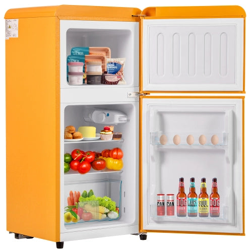 Frigorifero retrò; congelatore; doppia porta; volume totale 60L; vano congelatore 22L; luce LED; efficiente energetico; giallo antico