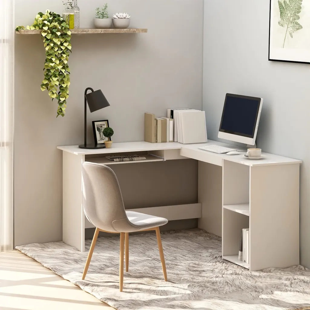 Scrivania | Tavolo da Ufficio Angolare a L Bianca 120x140x75cm in Legno Multistrato