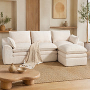 Divano modulare in velluto a coste beige con pouf; cuscini e tasche laterali 263 × 167 × 85 cm