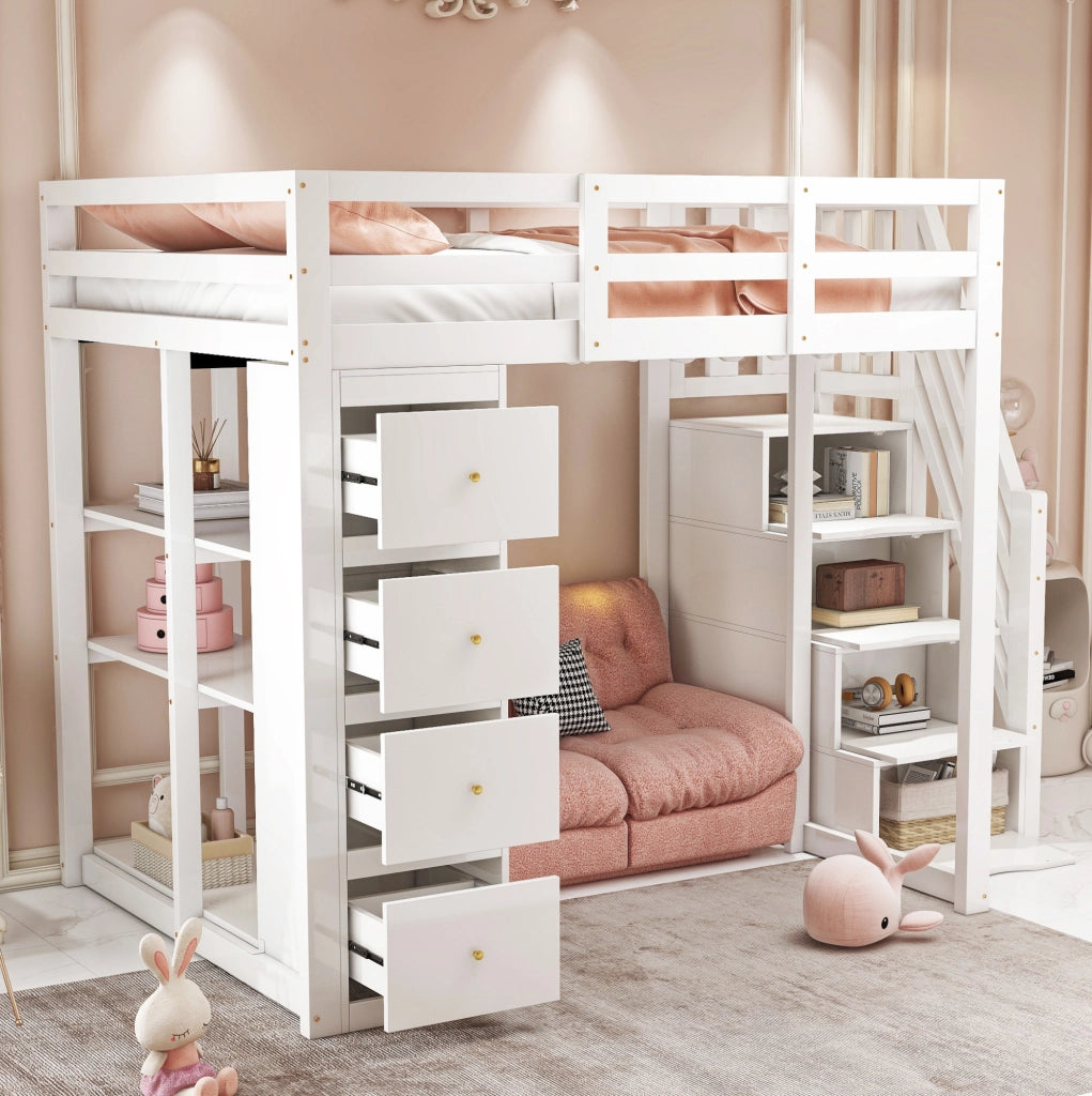 Letto a soppalco 140x200 cm in legno bianco con 4 cassetti; ripiani e scala laterale