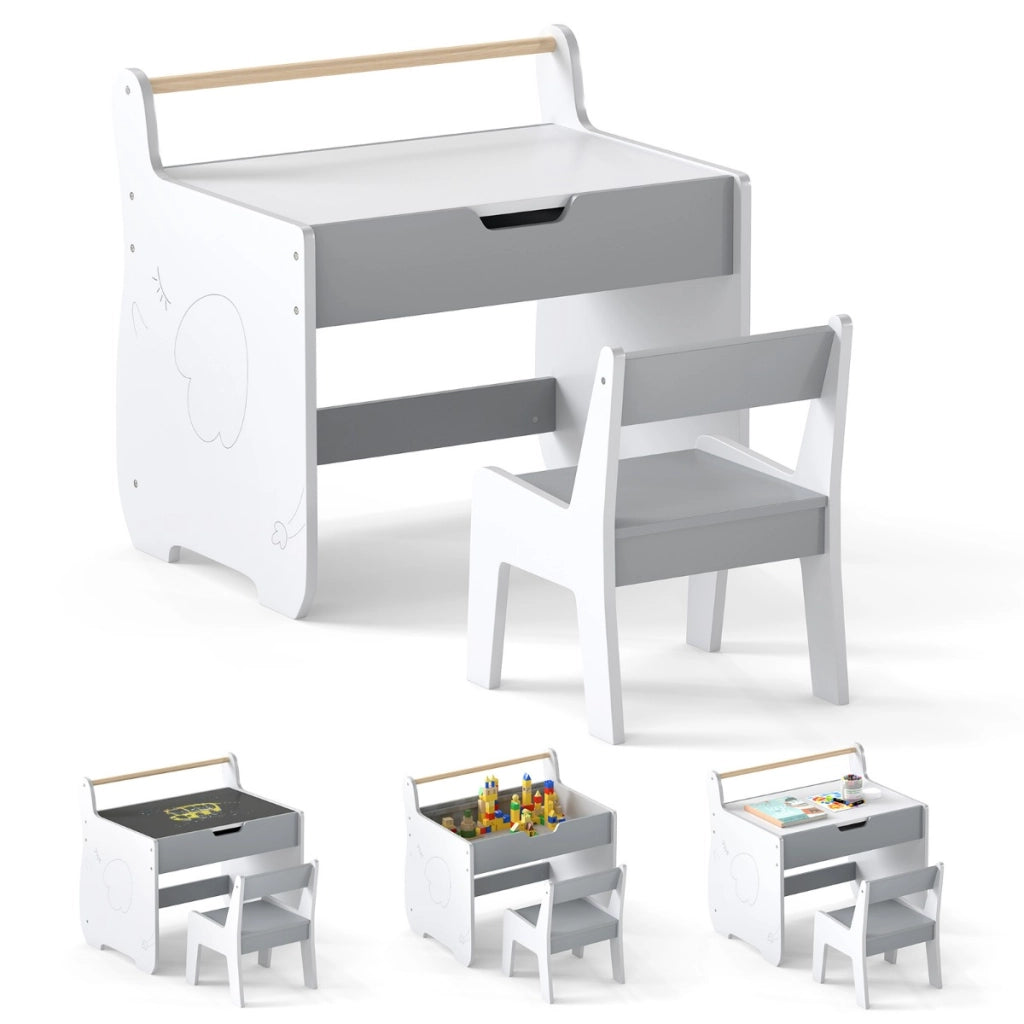 Set tavolo e sedia per bambini con piano rimovibile 2-in-1, Set scrivania in legno con spazio di archiviazione Grigio e Bianco-Tavoli e sedie