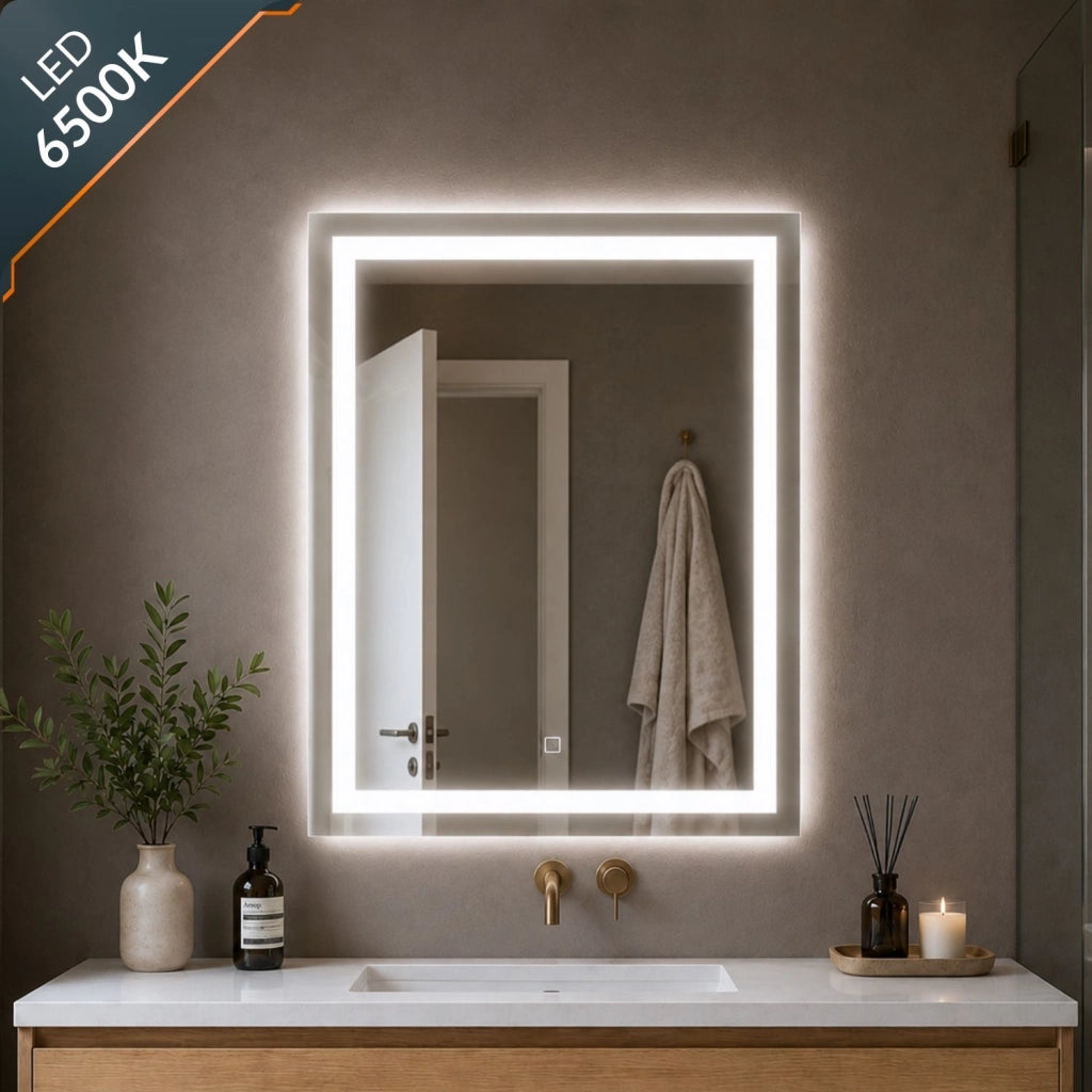 Specchio da bagno ed ambienti rettangolare con cornice led e interruttore touch *** misure 70x90 cm, tonalità standa...