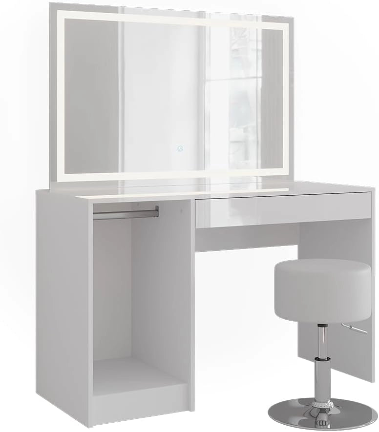 Tavolo da toeletta Sherry, Bianco/bianco lucido, 119.8 cm con illuminazione a LED e sgabello