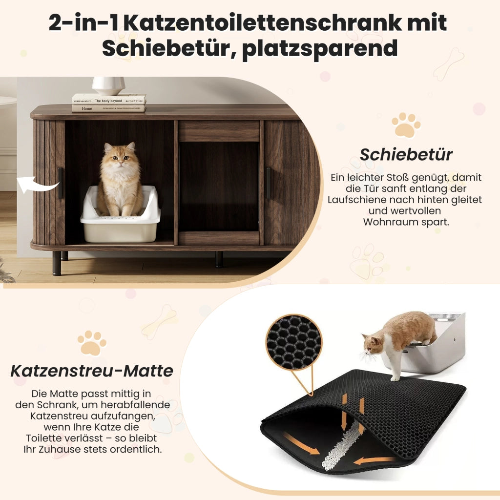 Mobile coperto per lettiera per gatti con 2 vani e porte scorrevoli, per soggiorno, in MDF, noce, 140 × 50 × 60 cm