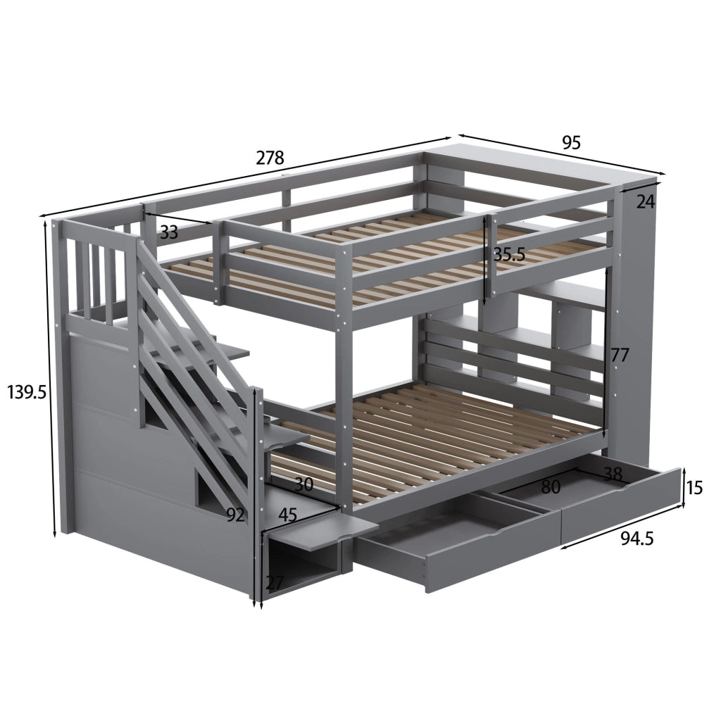 Letto a castello 90x200 cm in legno di pino con scala contenitore e vani portaoggetti; grigio