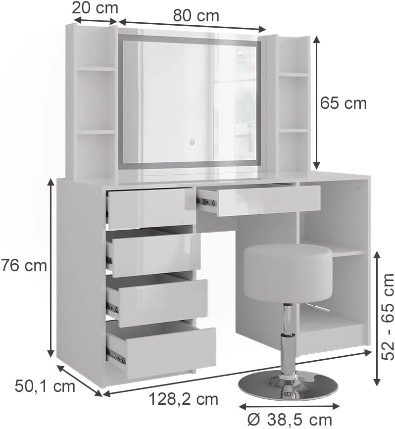 Tavolo da toeletta Sherry, Bianco/bianco lucido, 128.2 cm 5 parti