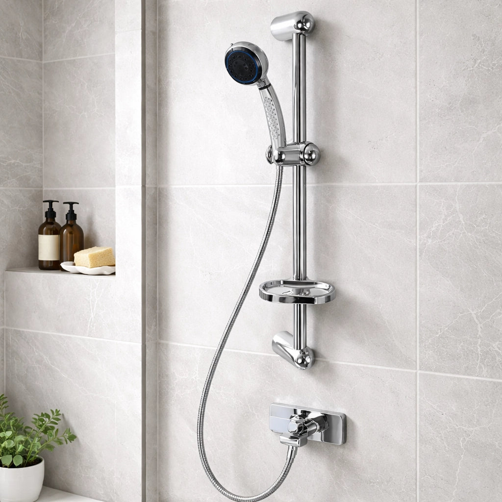 Saliscendi Doccia Cromato 60 cm con Soffione Multigetto e Portasapone 69130