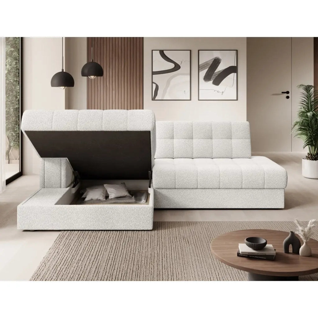 Divano angolare convertibile CUBITO bianco bouclé 240 cm con contenitore e letto