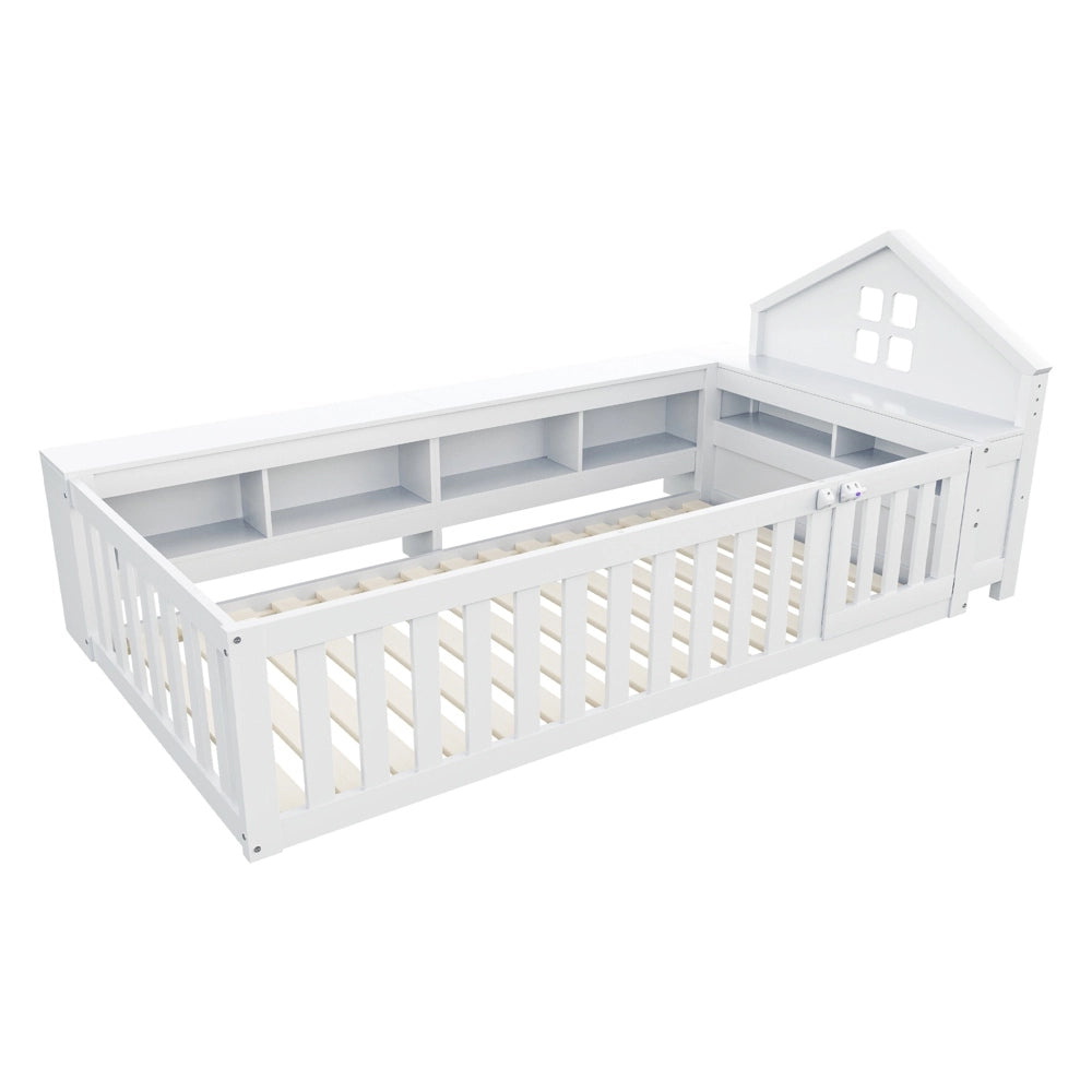 Letto bambino-Xylo-90x200 cm-finestra, contenitore, barriera, porta, sicurezza, bianco