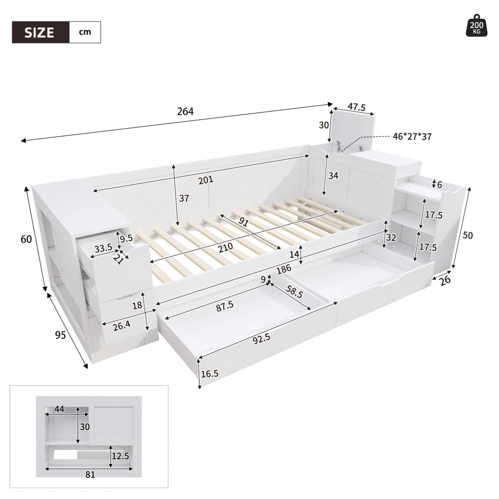 Letto singolo per bambini 90x200 cm con cassetto, scaffali e comodino, bianco