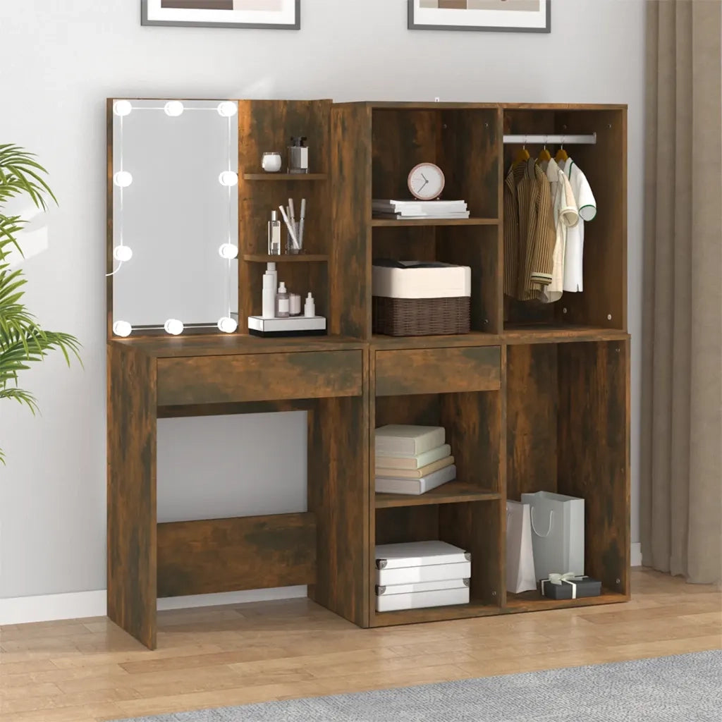 Toeletta con LED e Armadietti Rovere Fumo in Legno Multistrato