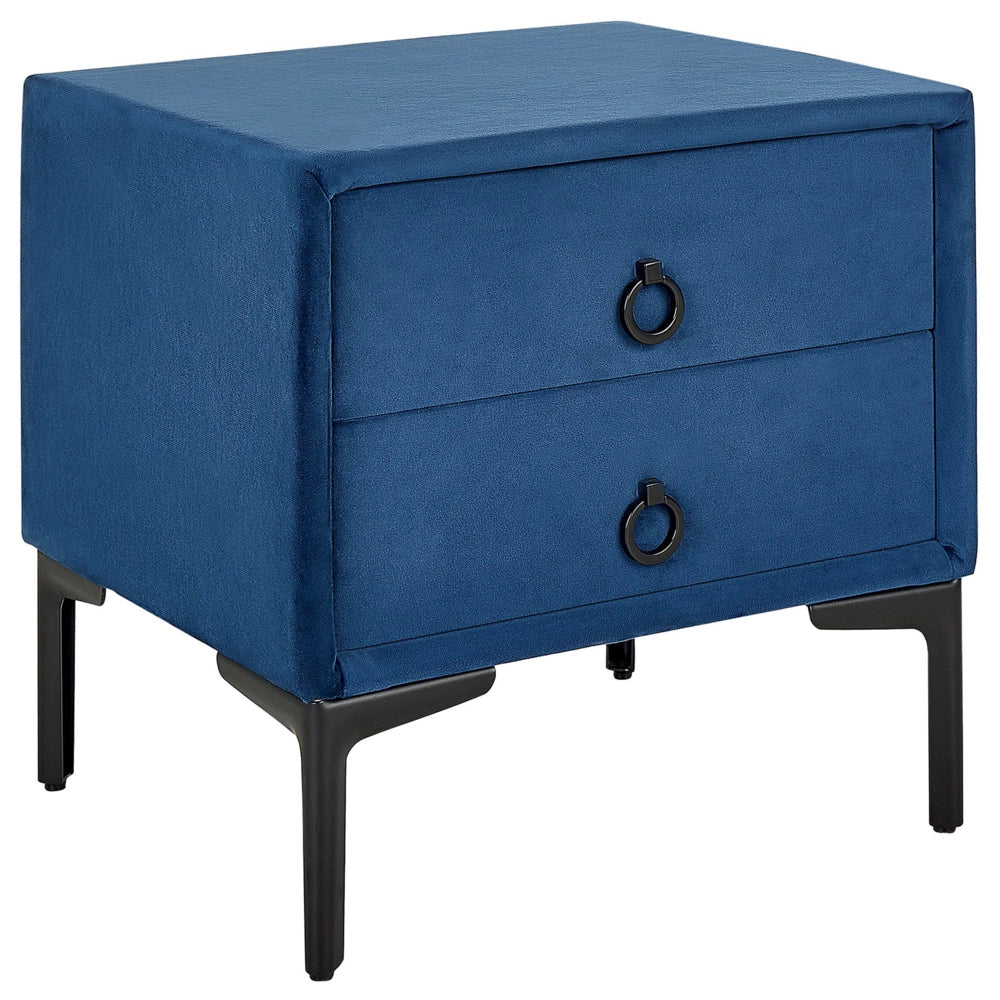 Comodino Velluto Blu Gambe in Metallo Nero con 2 Cassetti Contenitori 44x 38 cm Comodino