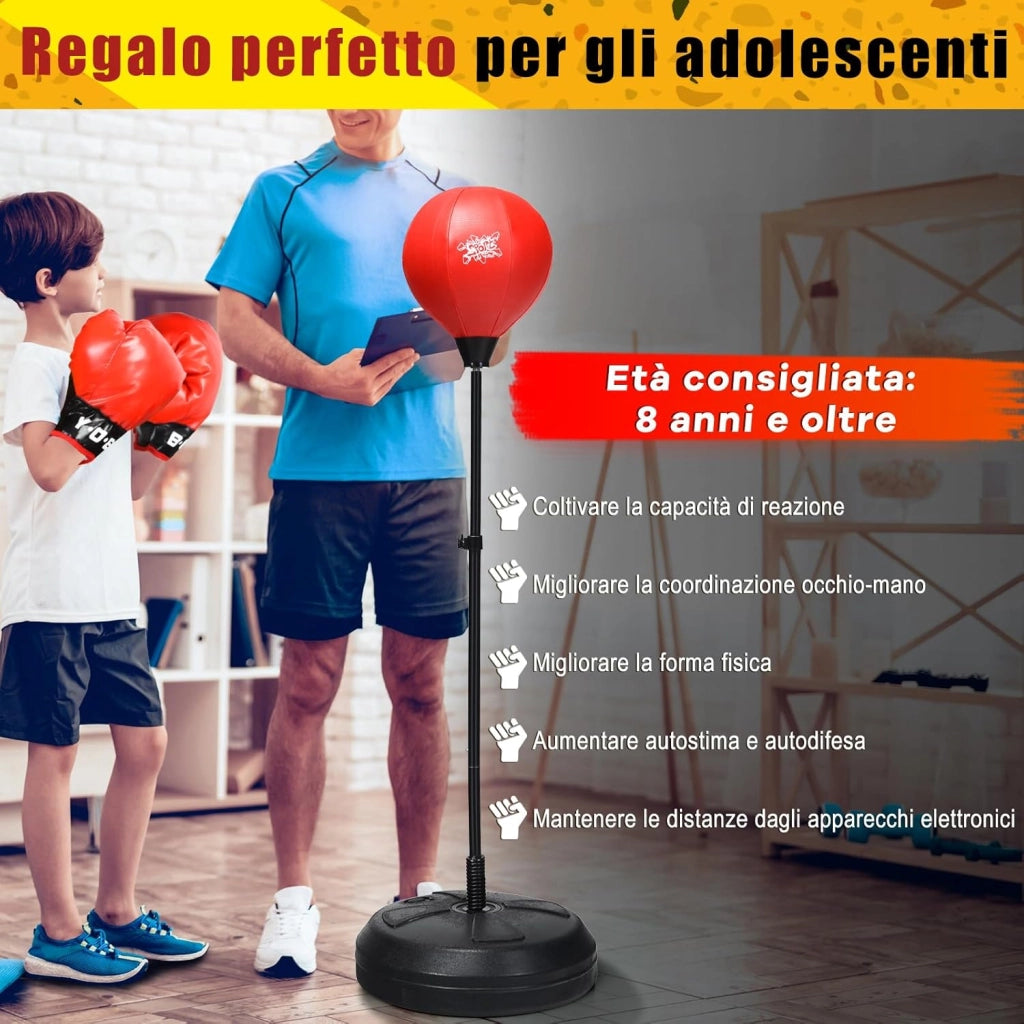Punching Ball da Terra Altezza Regolabile 120-154 cm, Sacco di Pugilato con Guanti Inclusi, Palla di Boxe con Base per Adulti e Bambini