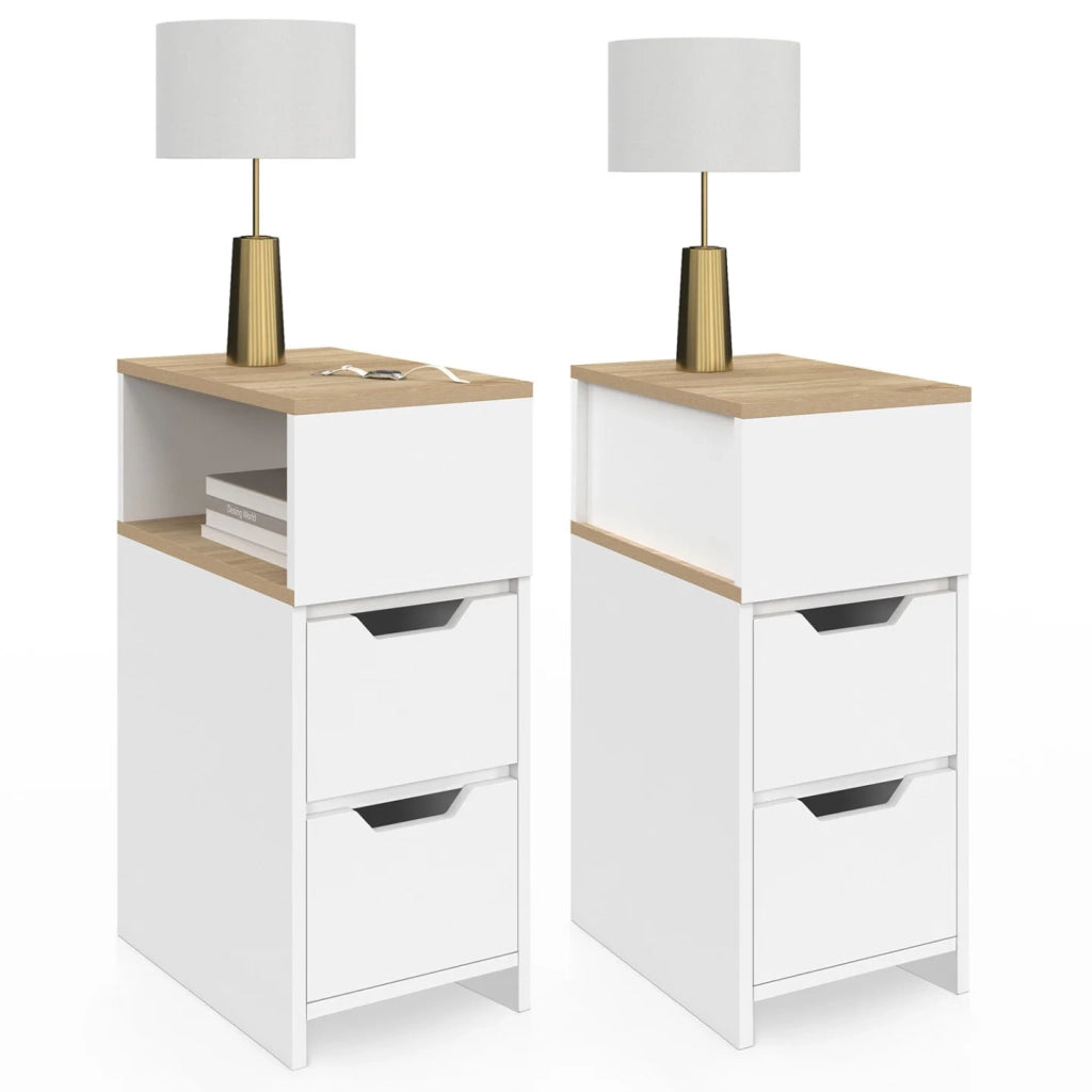 IDMarket - Set di 2 comodini stretti a 2 cassetti ANOUK con nicchia laterale reversibile in bianco e legno