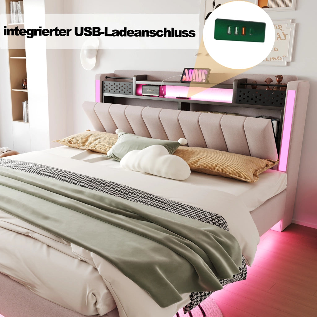 OKWISH Letto Imbottito 160×200 cm, Letto Matrimoniale con USB, Tipo C, LED Regolabile e Contenitore, senza Materasso, in Tessuto Beige