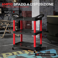 Carrello Porta Attrezzi a 3 Livelli 83x43x97 cm Capacità 91 kg 3 Livelli con Ruote in Plastica Rosso