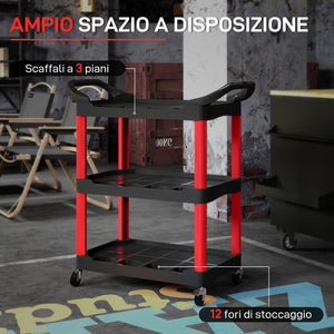 Carrello Porta Attrezzi a 3 Livelli 83x43x97 cm Capacità 91 kg 3 Livelli con Ruote in Plastica Rosso