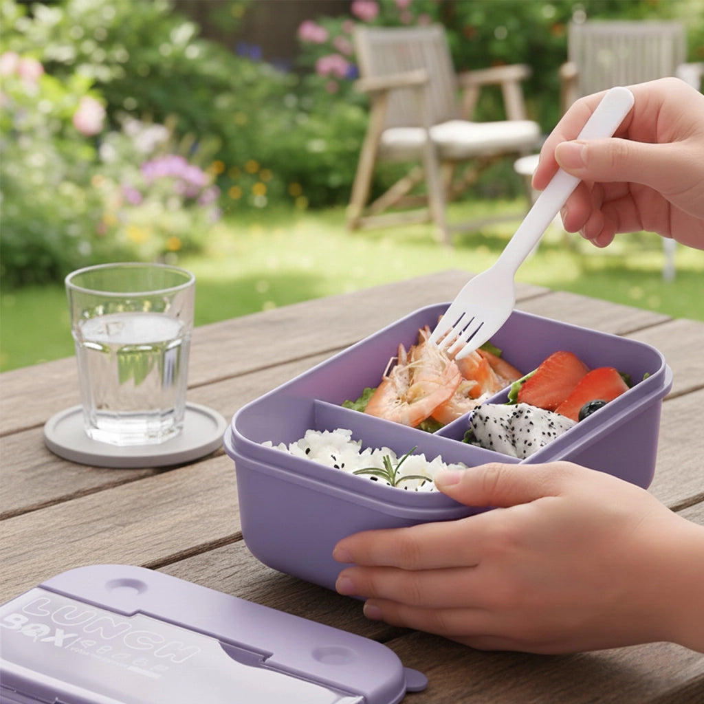 Contenitore per alimenti da 700 ml a 3 scomparti con cucchiaio e forchetta Viola Cheffinger