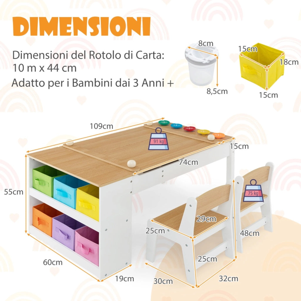 Set tavolo e sedia da disegno per bambini, Tavolo artistico con piano sollevabile 6 contenitori rullo di carta Naturale-Tavoli e sedie
