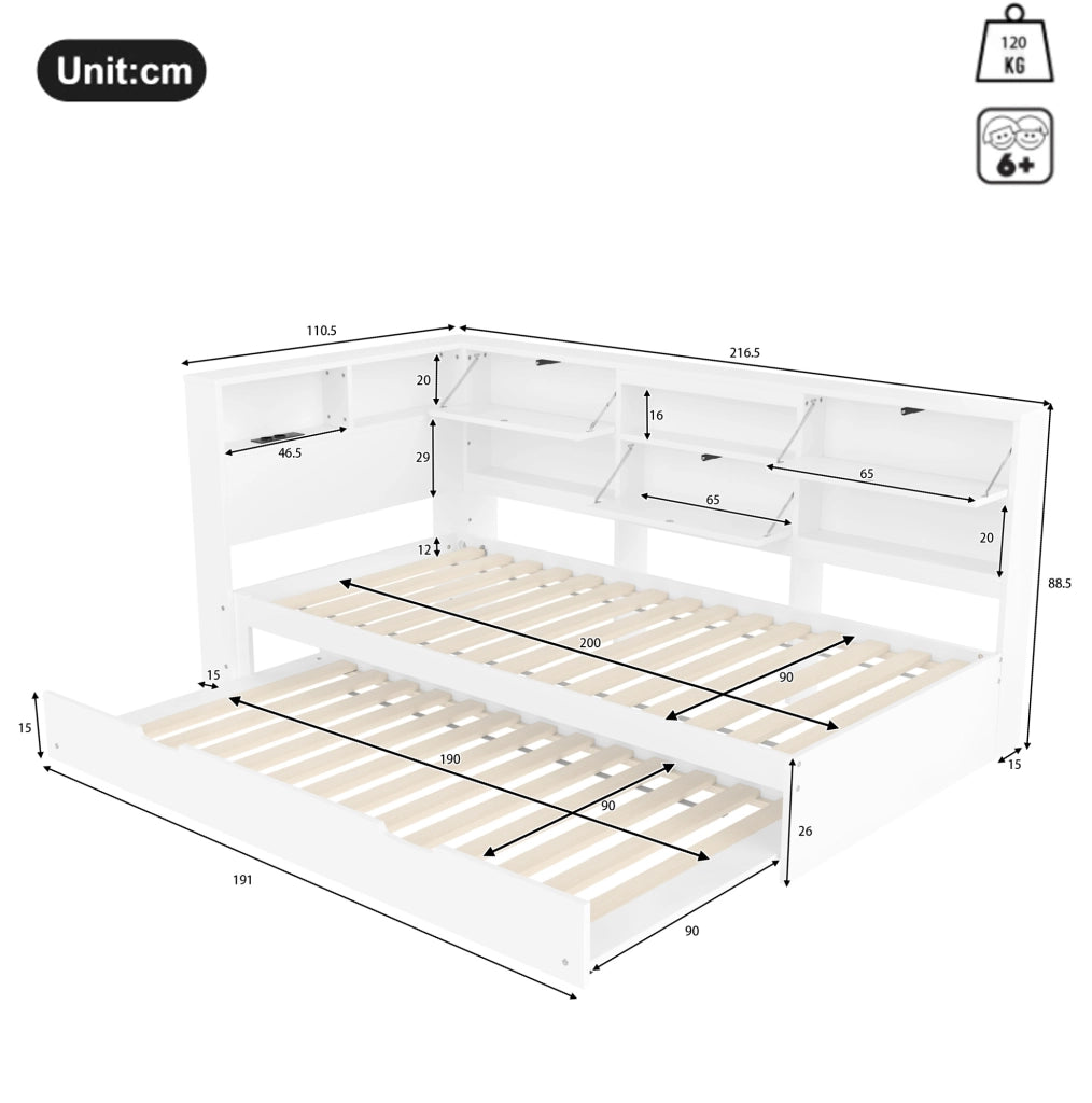 Daybed con letto estraibile 90x200 cm; testiera con vano contenitore e USB/Type-C; bianco
