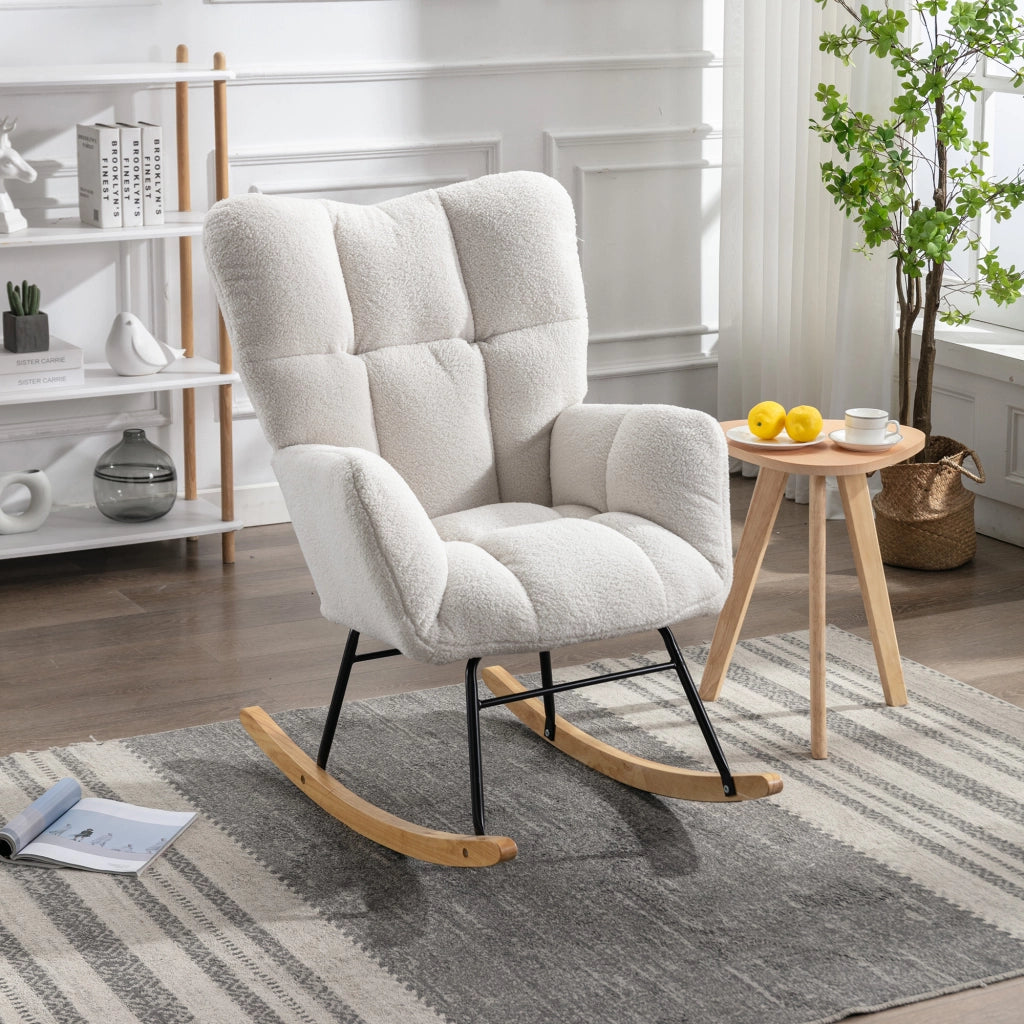 POLTRONA a dondolo 80x70x95 cm Teddy bianco con struttura in legno e metallo