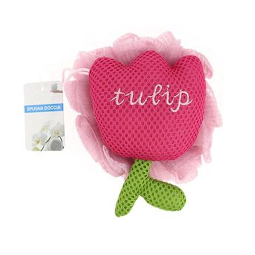 Trade Shop - Spugna Doccia A Rete Bagno Esfoliante Pelle Corpo Con Fiore Di Tulipano Rosa 10771 -