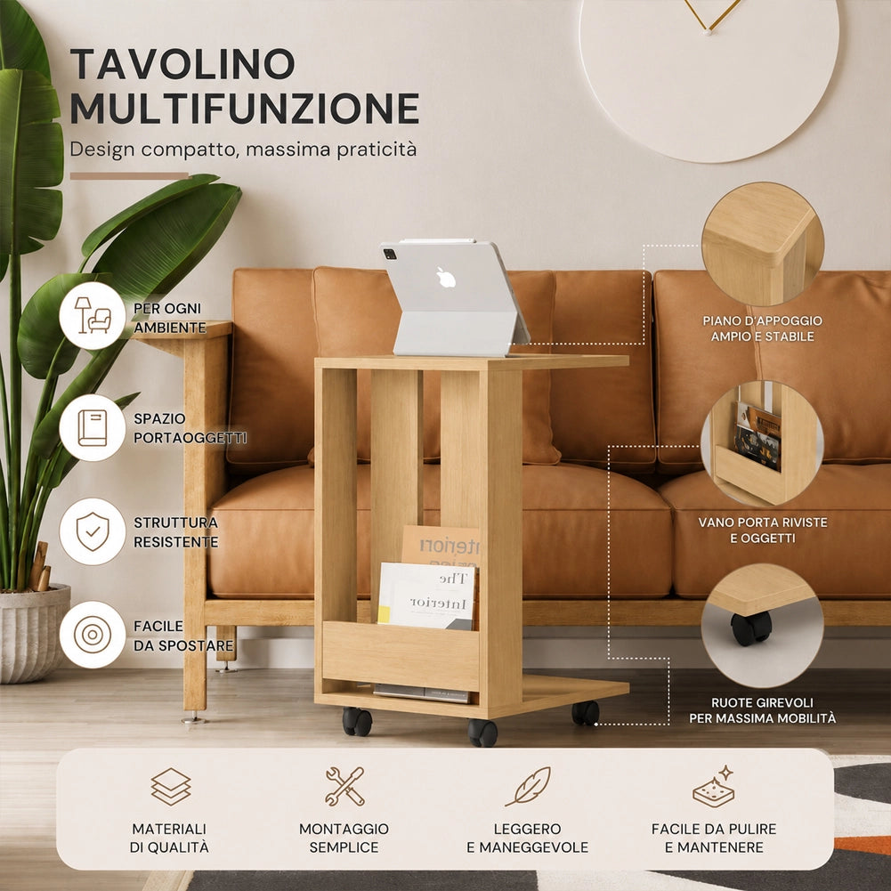 Tavolino Ausiliario con Ruote Design Moderno Mobile Letto Divano Colore Quercia
