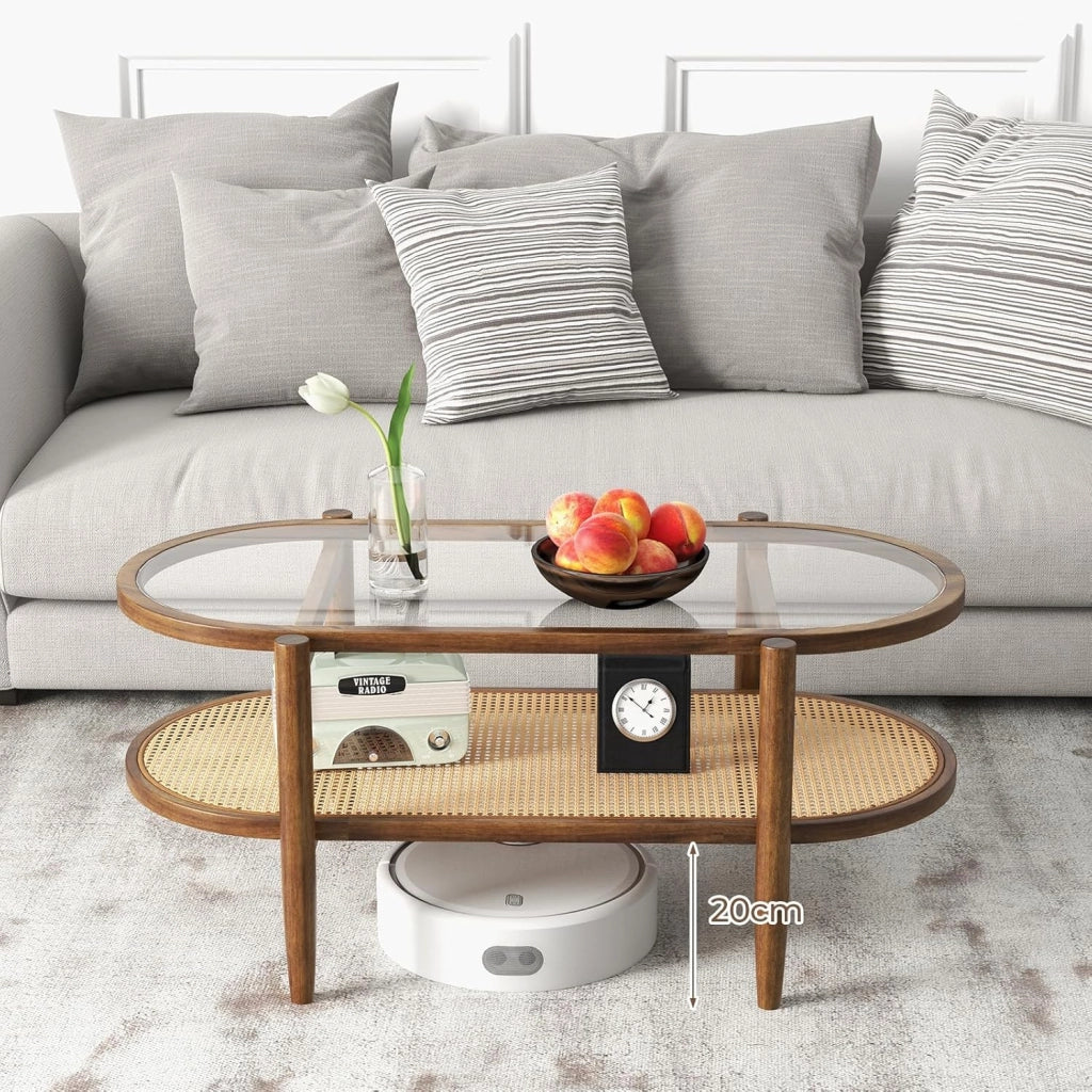 Tavolino da Caffè Ovale, Legno Massello con Piano in Vetro e Ripiano in Rattan, Rustico, 102x56x47 cm, per Soggiorno, Marrone